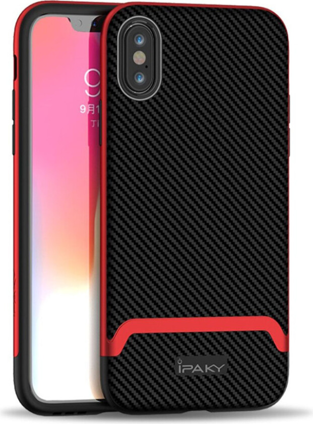 IPAKY iPhone Xs Max beskyttelses deksel av hybrid materiale med karbon fiber tekstur - svart og rød