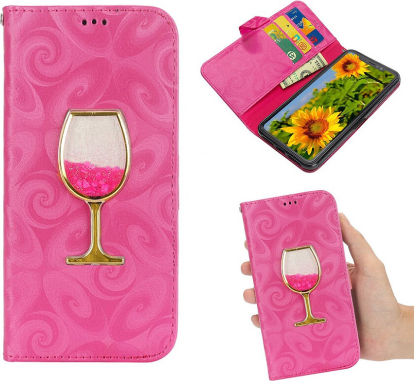 iPhone Xr beskyttelses deksel av syntetisk skinn med galvanisert vinglass med kvikksand pulver - rose