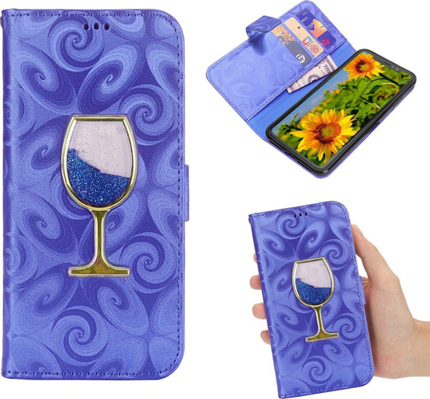 iPhone Xr beskyttelses deksel av syntetisk skinn med galvanisert vinglass med kvikksand pulver - blå