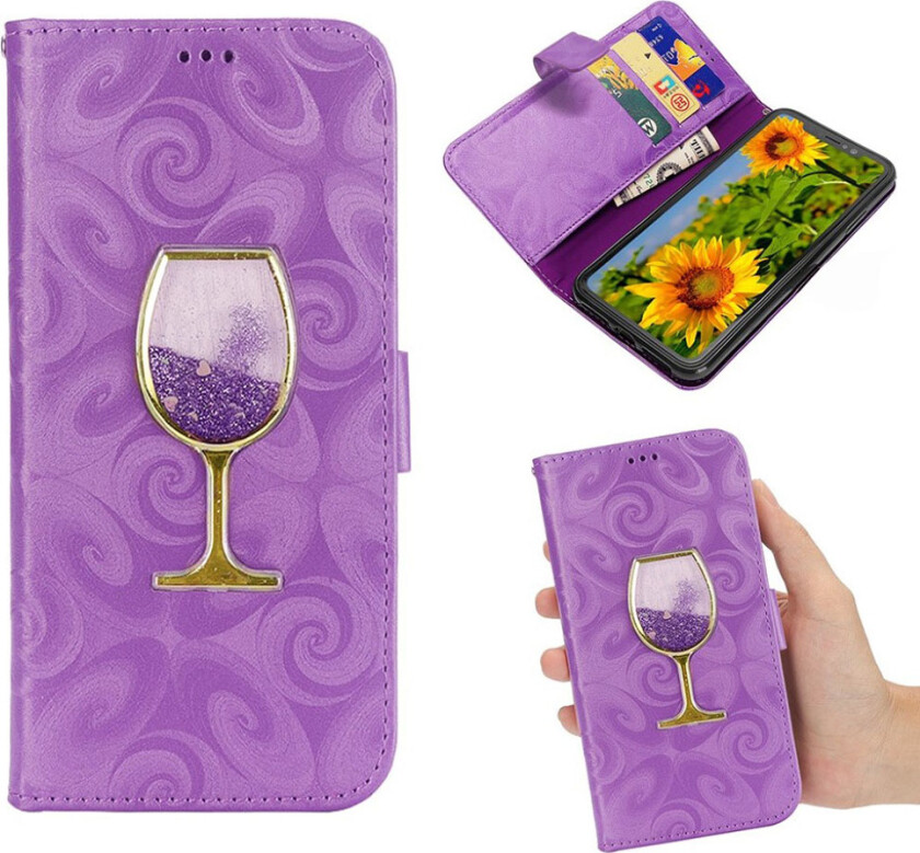 iPhone Xr beskyttelses deksel av syntetisk skinn med galvanisert vinglass med kvikksand pulver - lilla