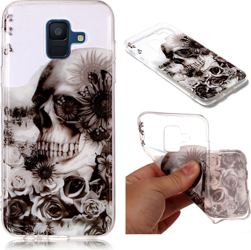 Galaxy A6 Plus beskyttelses deksel av silikon og plastikk med IMD printet mønster - hodeskalle med blomster