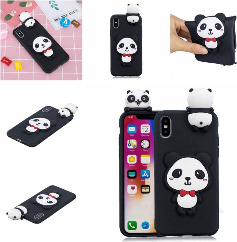 iPhone 9 Plus beskyttelses deksel av myk TPU med 3D printet mønster - søt panda med sløyfe