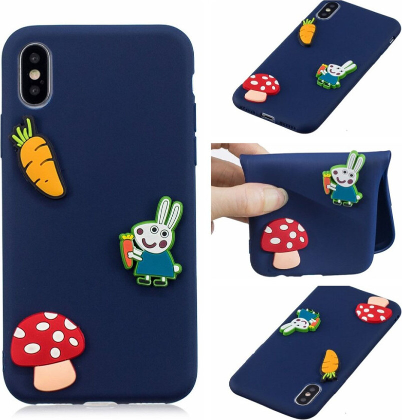 iPhone 9 Plus beskyttelses deksel av TPU med 3D tegneserie mønster - mørke blå bakgrunn med kanin mønster