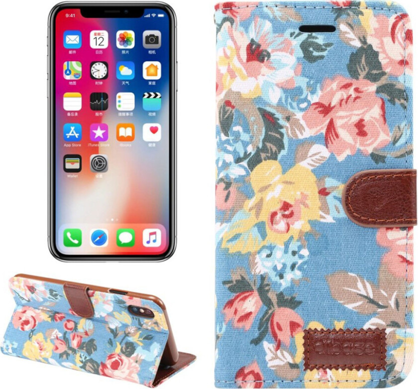 iPhone 9 Plus beskyttelses deksel av syntetisk skinn med blomster design og tekstil tekstur- blå