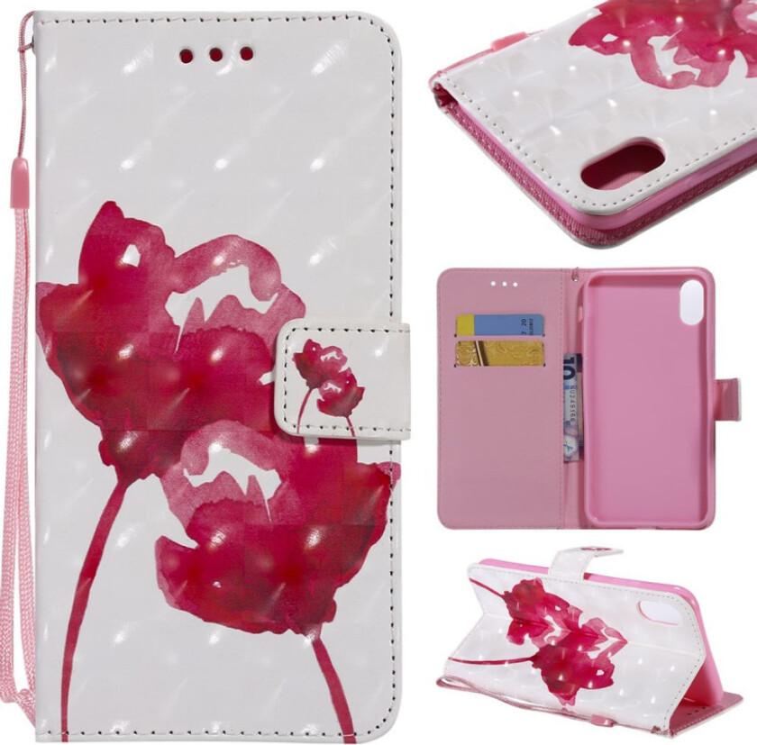 iPhone 9 Plus beskyttelses deksel av syntetisk skinn med printet mønster og lyse flekker dekor - rød blomst