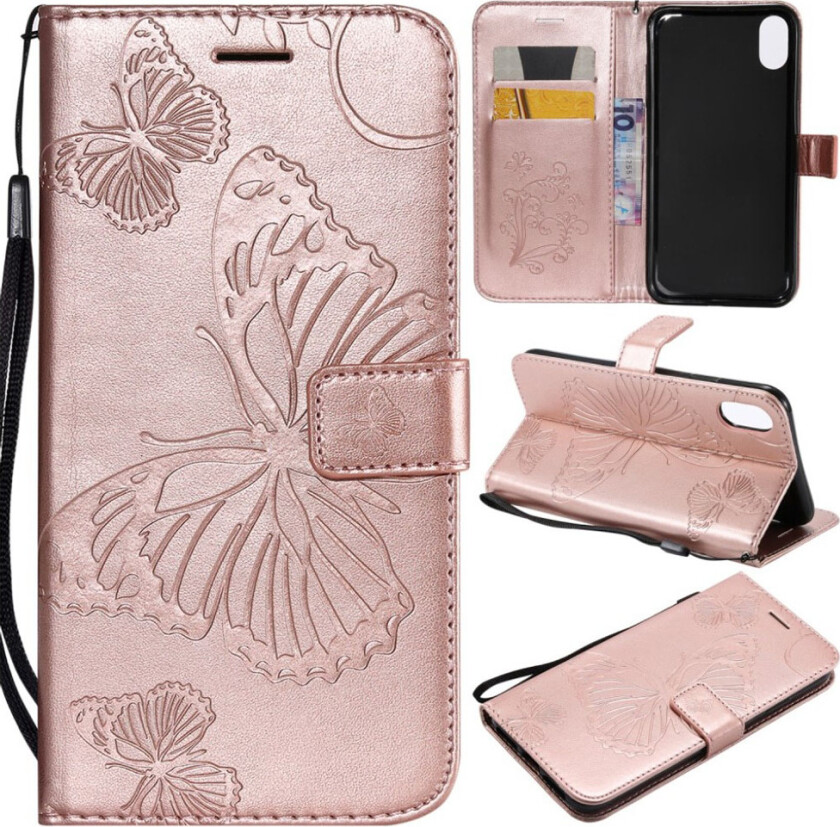 iPhone 9 Plus beskyttelses deksel av syntetisk skinn med sommerfugl avtrykk - rose gull