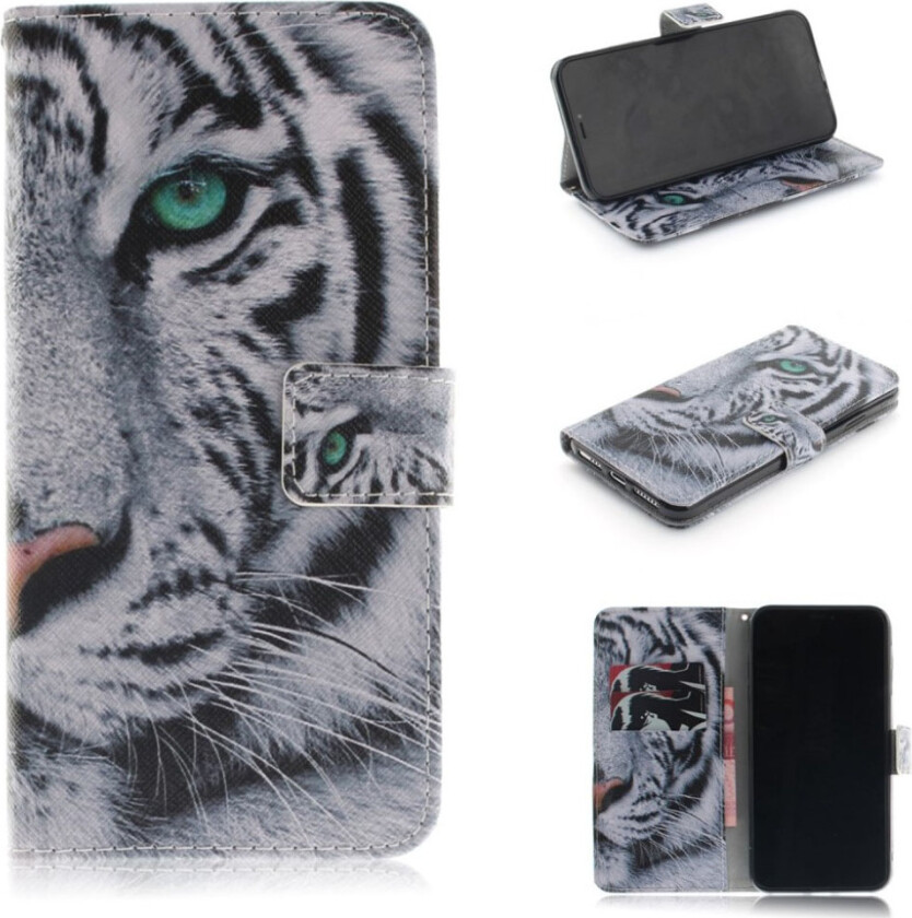 iPhone 9 beskyttelses deksel av syntetisk skinn med printet bilde - tiger med grønnt øye