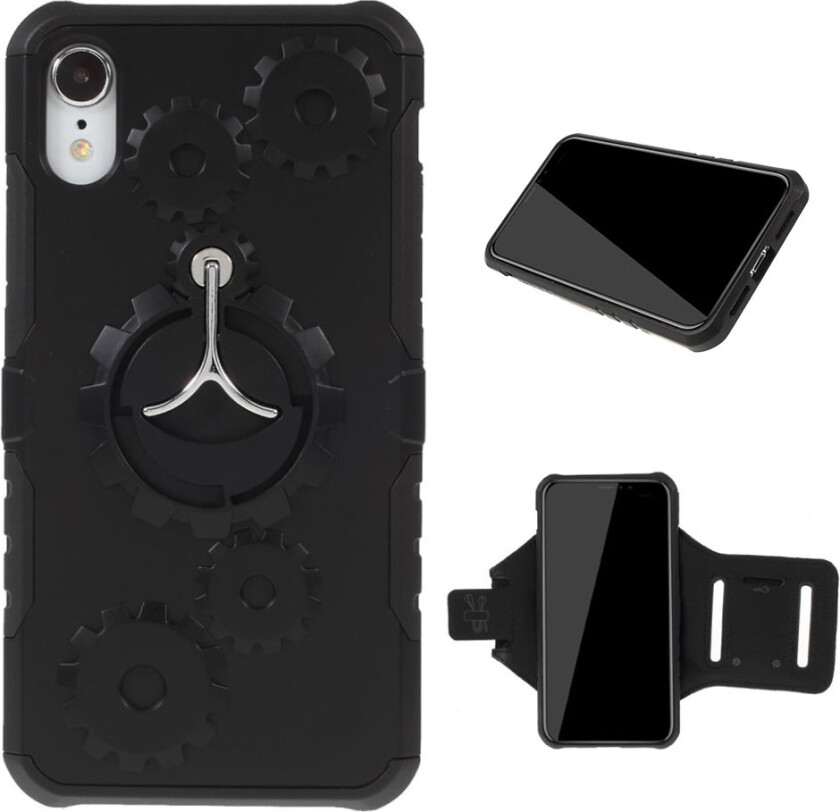 iPhone 9 beskyttelses deksel av hybrid materiale med mekanisk mønster og armbånd - svart