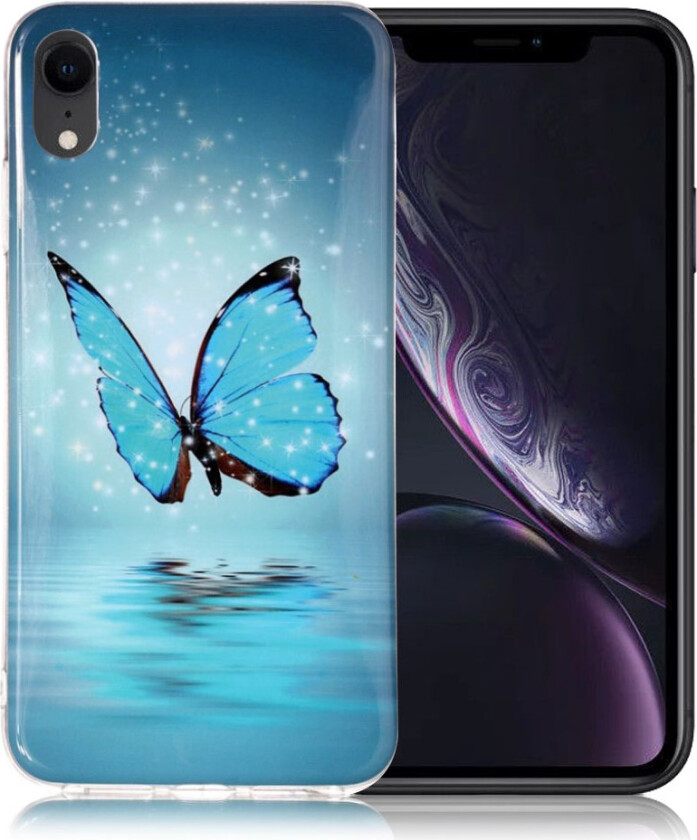 iPhone 9 beskyttelses deksel av TPU med IMD selvlysende printet mønster - skinnende blå sommerfugl