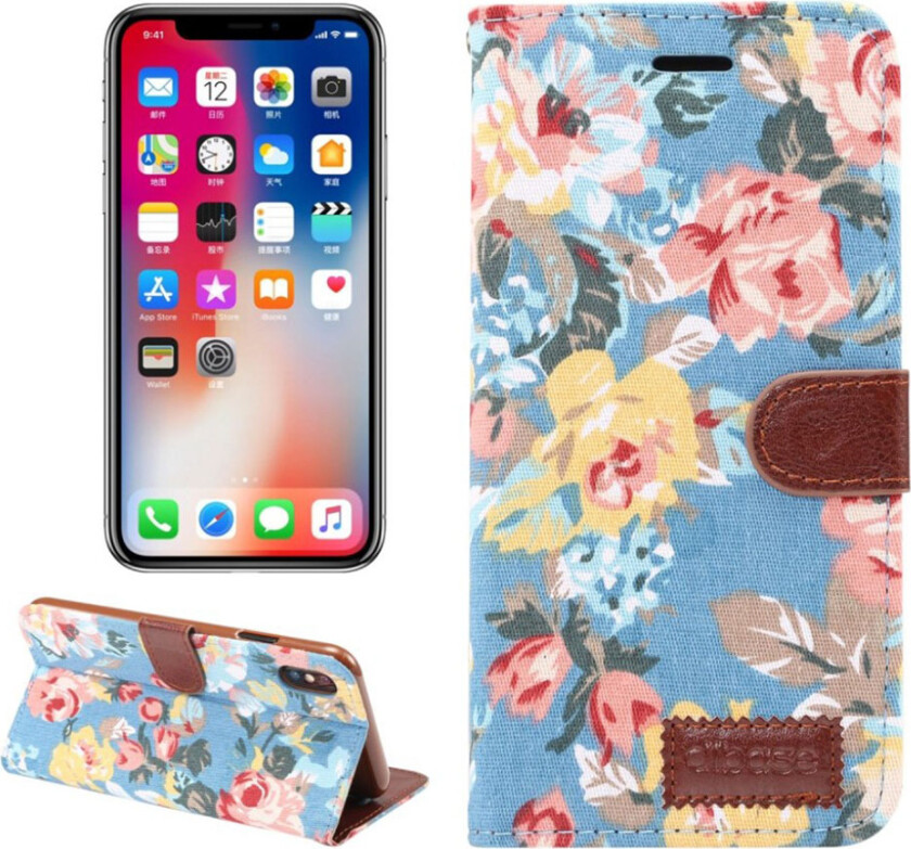 iPhone 9 beskyttelses deksel av syntetisk skinn med blomster mønster og tekstil tekstur - blå