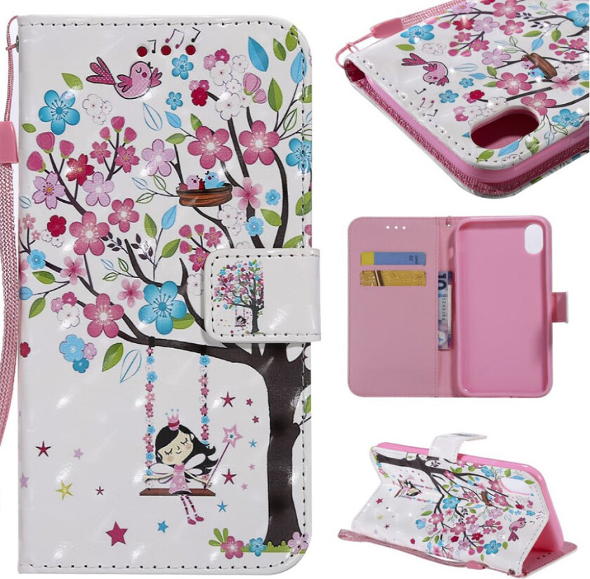 iPhone 9 beskyttelses deksel av syntetisk skinn med printet mønster og lyse flekker dekor - jente svinger under tre