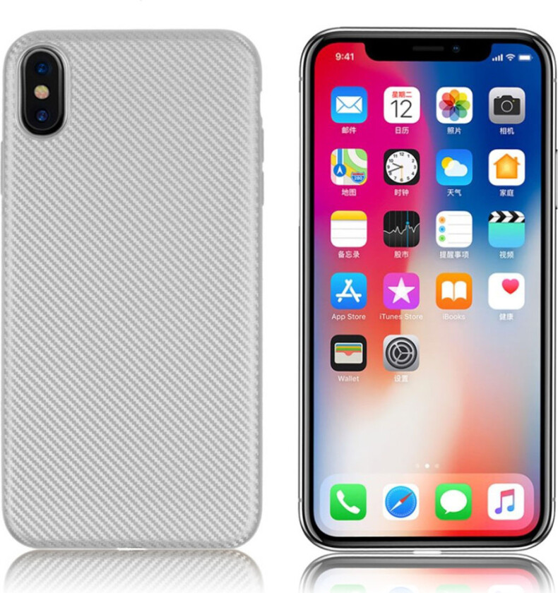 iPhone 9 beskyttelses deksel av myk TPU med karbon fiber tekstur - sølv
