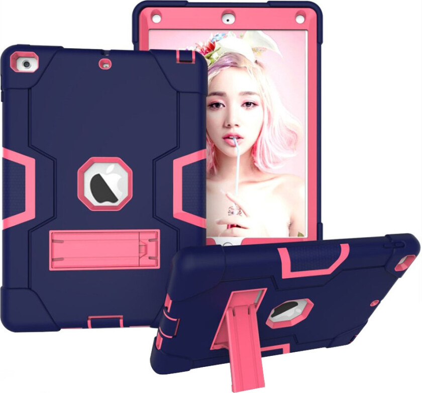 iPad beskyttelses deksel av plastikk og silikon med 2 fargers design - mørke blå og rose