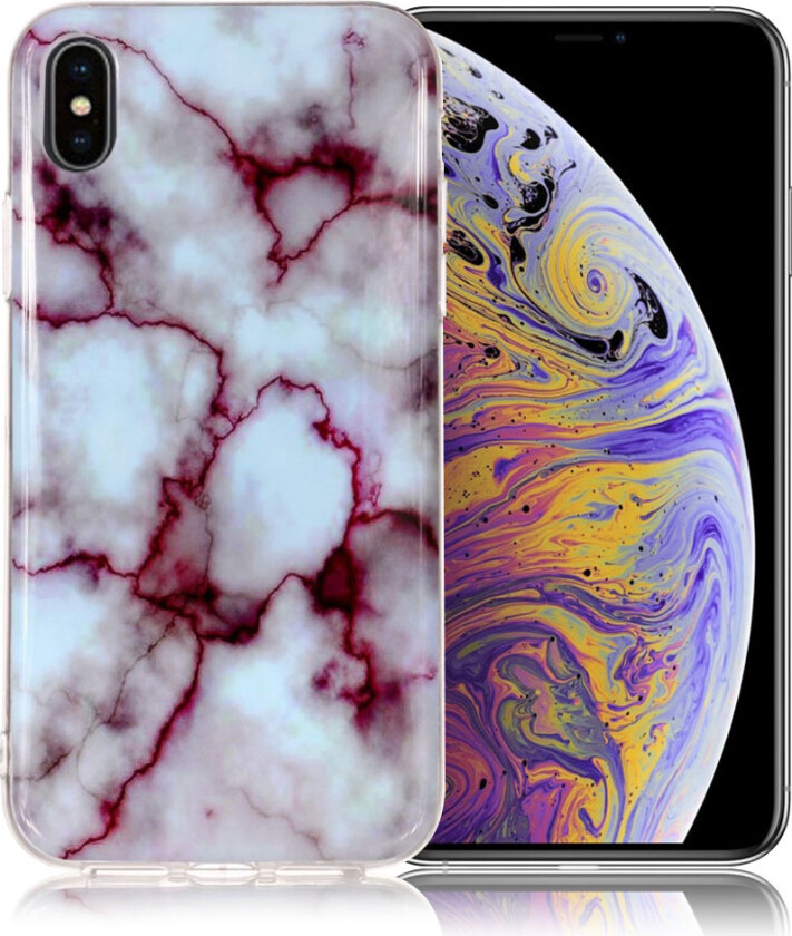 iPhone Xs Max beskyttelses deksel av TPU med IMD printet mønster - hvit og rød marmor