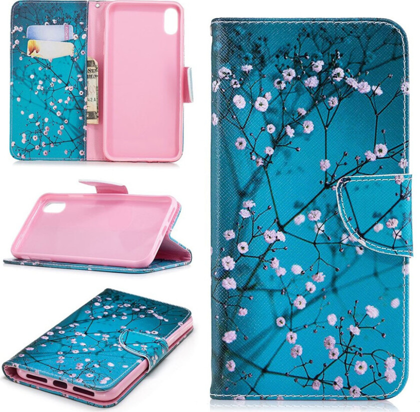 iPhone Xs Max beskyttelses deksel av syntetisk skinn med printet mønster - tre med blomster