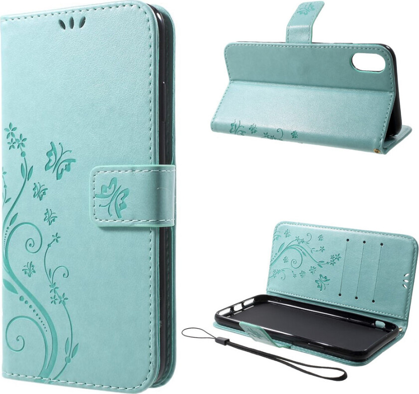 iPhone Xs Max beskyttelses deksel av syntetisk skinn med sommerfugl og blomster avtrykk - turkis