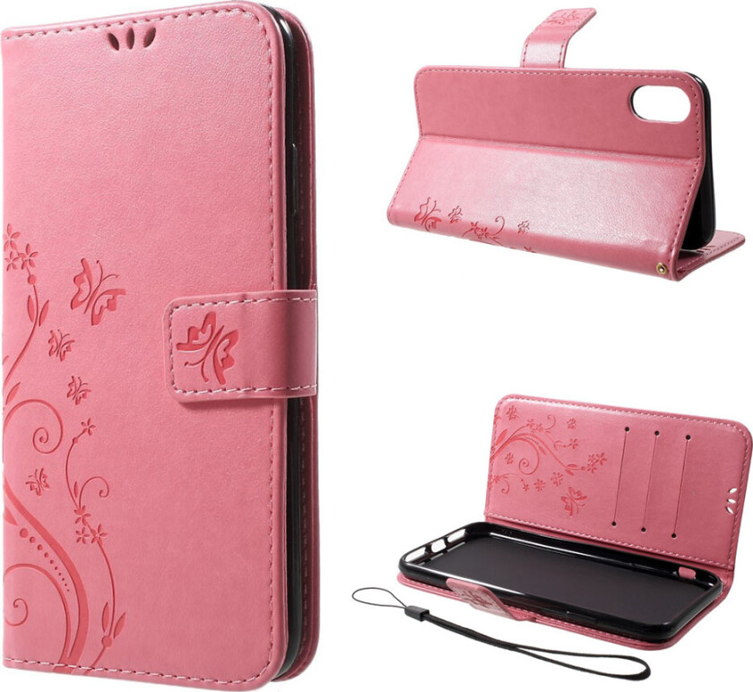 iPhone Xs Max beskyttelses deksel av syntetisk skinn med sommerfugl og blomster avtrykk - rosa