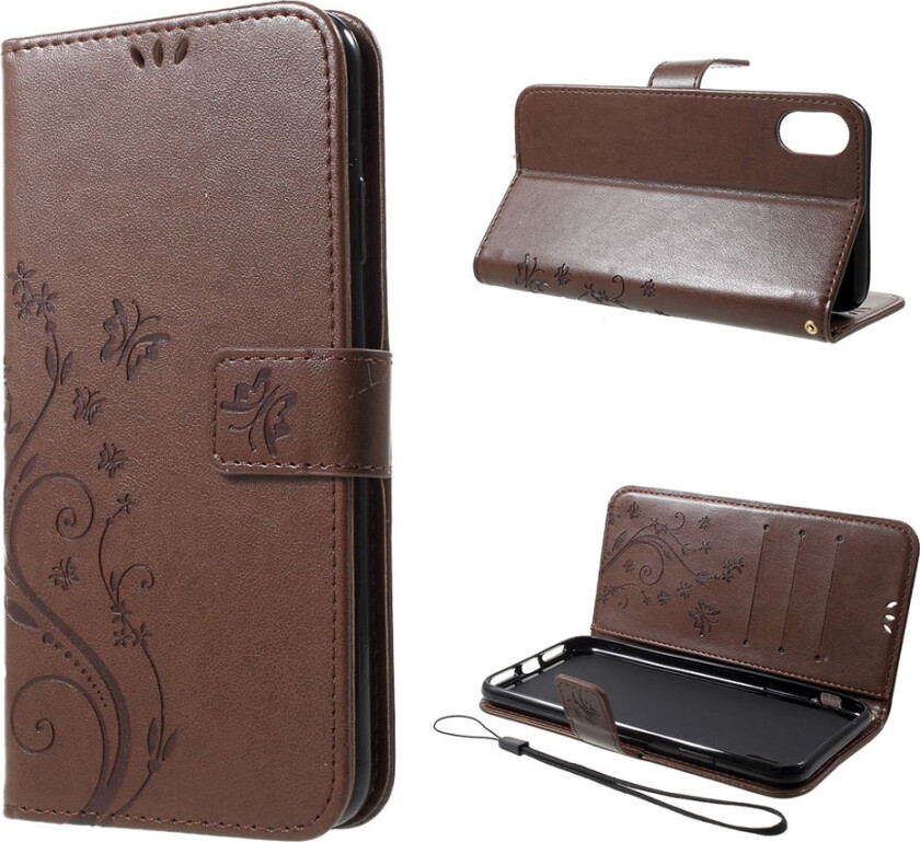 iPhone Xs Max beskyttelses deksel av syntetisk skinn med sommerfugl og blomster avtrykk - brun