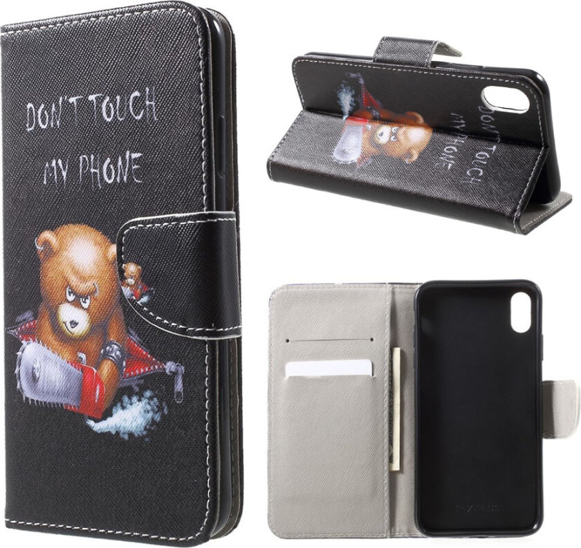 iPhone Xs Max beskyttelses deksel av syntetisk skinn med printet mønster i kryss tekstur - sint bjørn