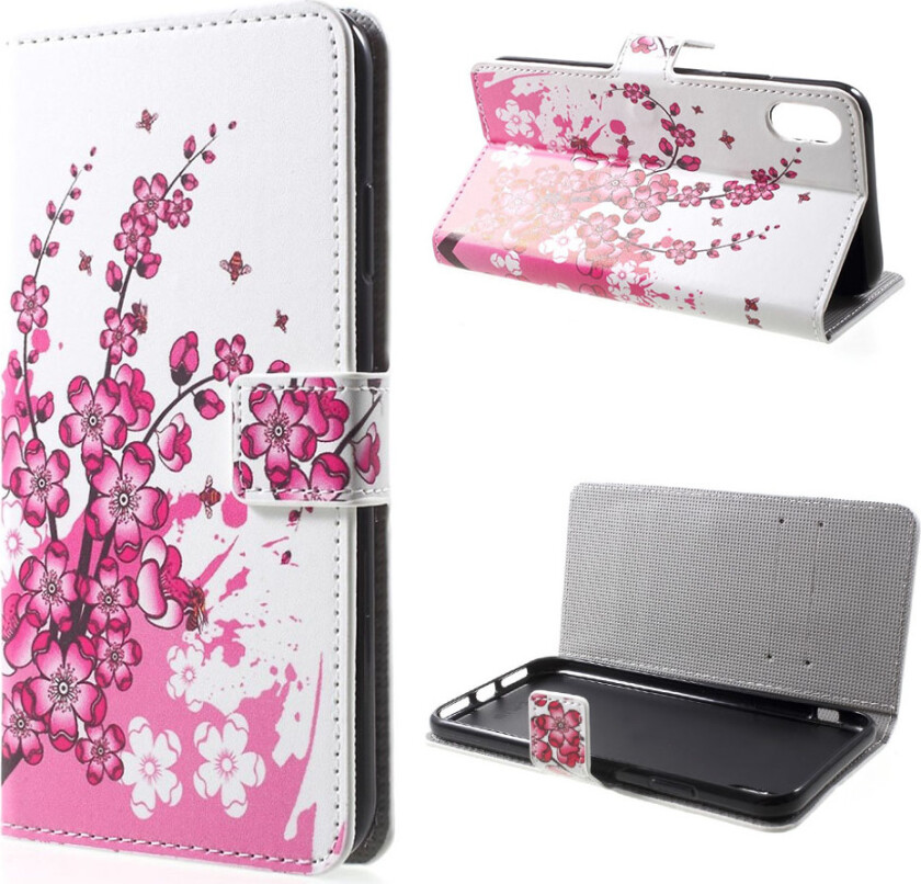 iPhone Xs Max beskyttelses deksel av syntetisk skinn med printet mønster - plumme blomstring