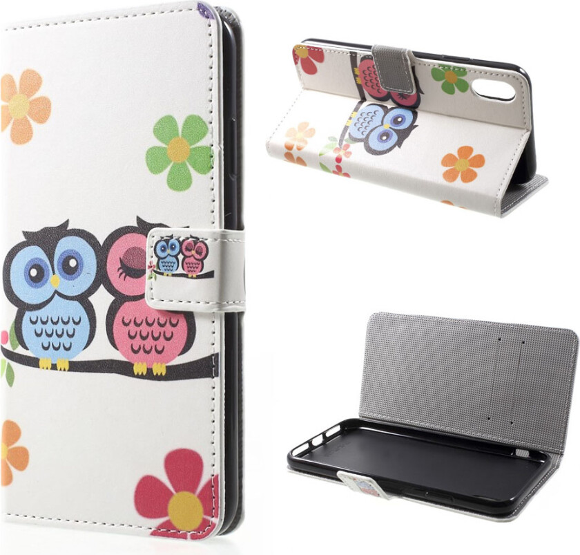 iPhone Xs Max beskyttelses deksel av syntetisk skinn med printet mønster - ugler og hjerter