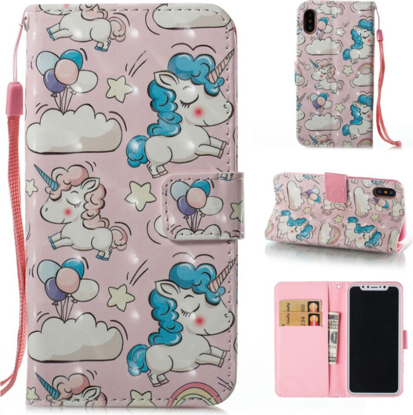 iPhone Xs Max beskyttelses deksel av syntetisk skinn med printet mønster og lyse flekker - enhjørning og skyer