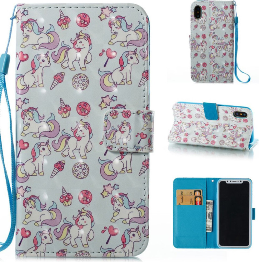 iPhone Xs Max beskyttelses deksel av syntetisk skinn med printet mønster og lyse flekker - enhjørning og dessert