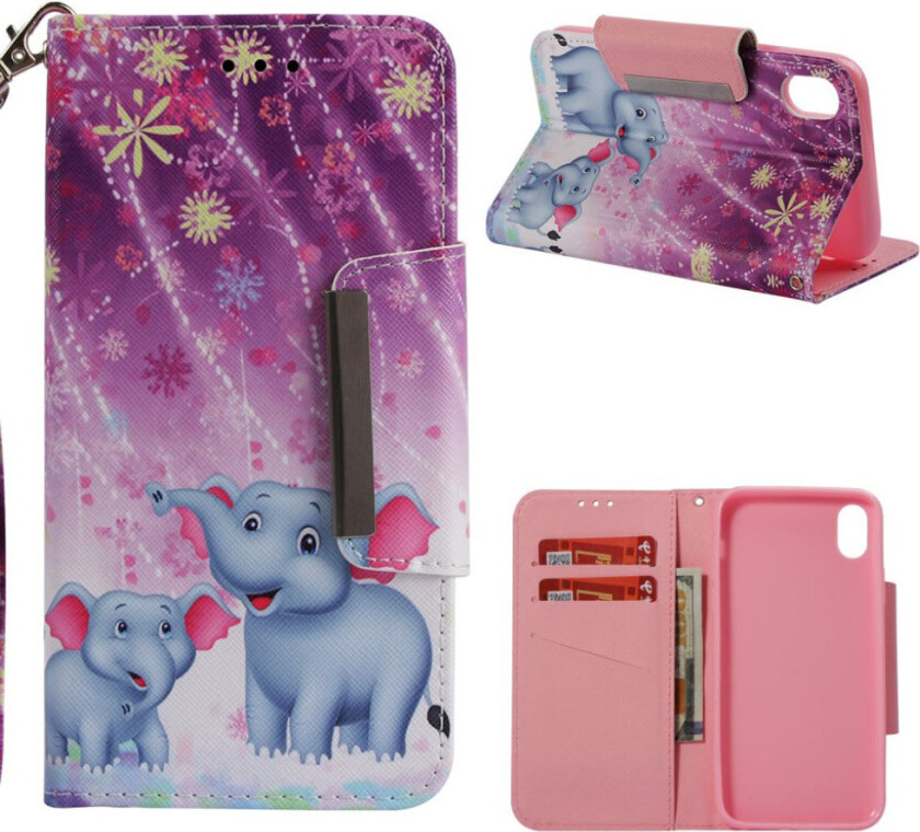iPhone Xs Max beskyttelses deksel av syntetisk skinn med printet mønster - to elefanter