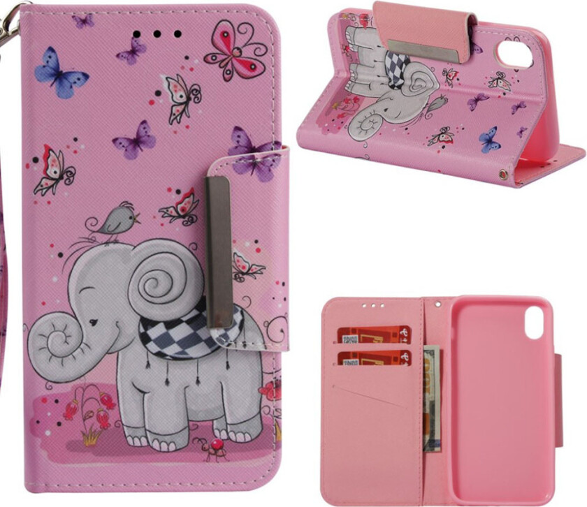 iPhone Xs Max beskyttelses deksel av syntetisk skinn med printet mønster - sommerfugl og elefant