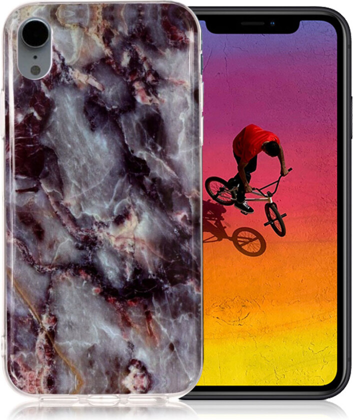 iPhone Xr beskyttelses deksel av silikon og plastikk med IMD printet mønster - mørke grå og svart marmor