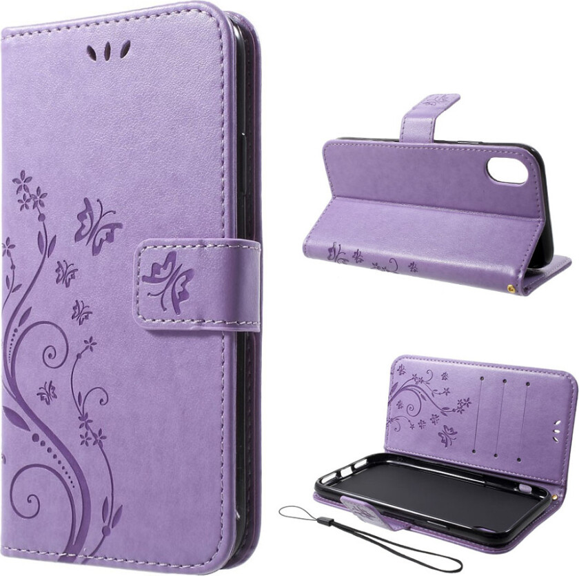 iPhone Xr beskyttelses deksel av syntetisk skinn med sommerfugl og blomster avtykk - lyse lilla