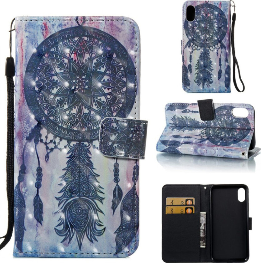 iPhone Xr beskyttelses deksel av syntetisk skinn med printet mønster og lyse flekker - mørke blå drømme fanger