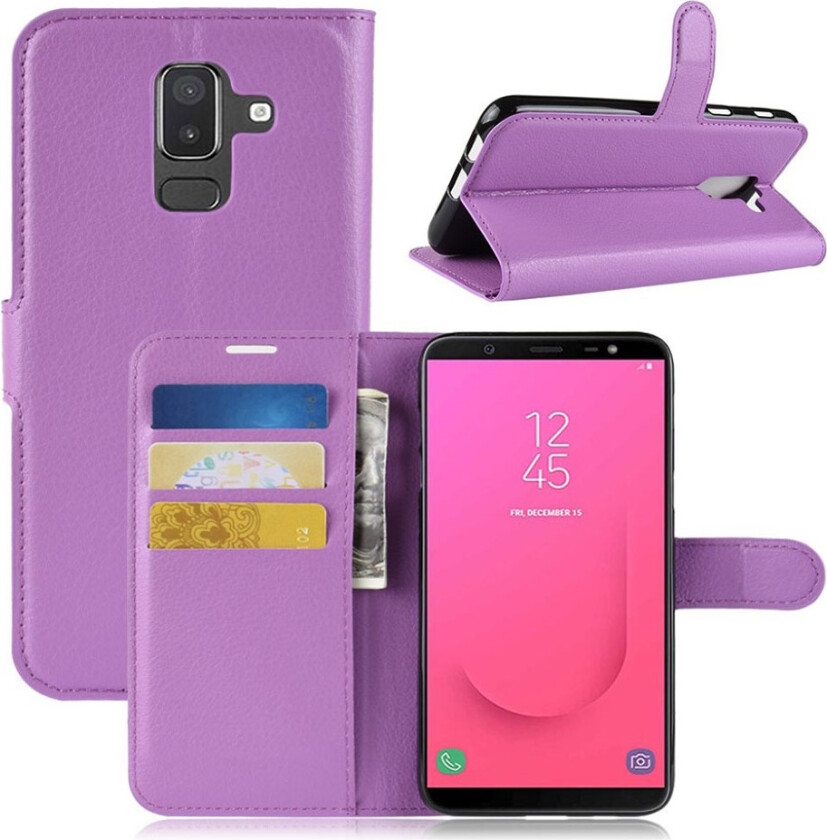 Galaxy J8 beskyttelses deksel av syntetisk skinn med litchi tekstur - lilla