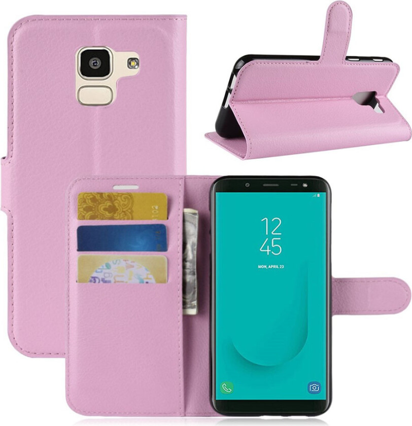 Galaxy J6 beskyttelses deksel av syntetisk skinn med litchi tekstur - rosa