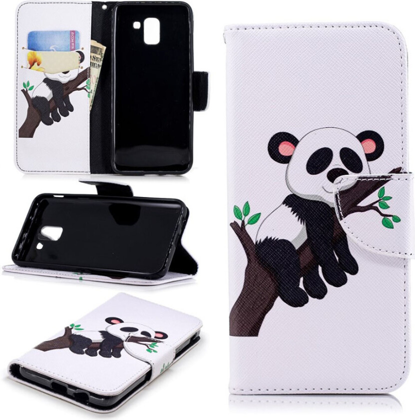 Galaxy J6 beskyttelses deksel av syntetisk skinn med printet bilde - panda klatrer tre