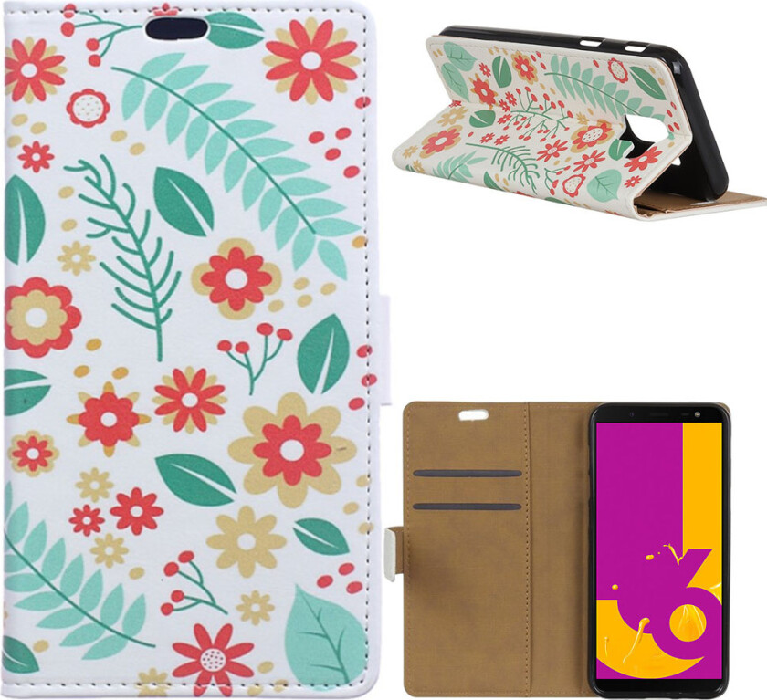 Galaxy J6 beskyttelses deksel av syntetisk skinn med printet bilde - blomster og blader