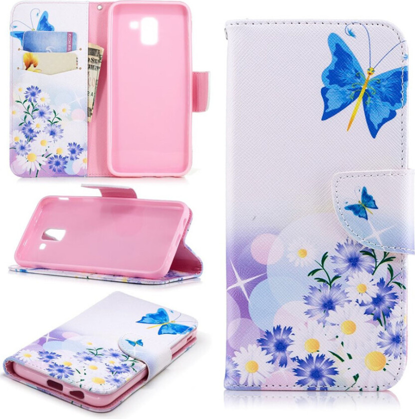 Galaxy J6 beskyttelses deksel av syntetisk skinn med printet bilde - blå sommerfugl og blomster