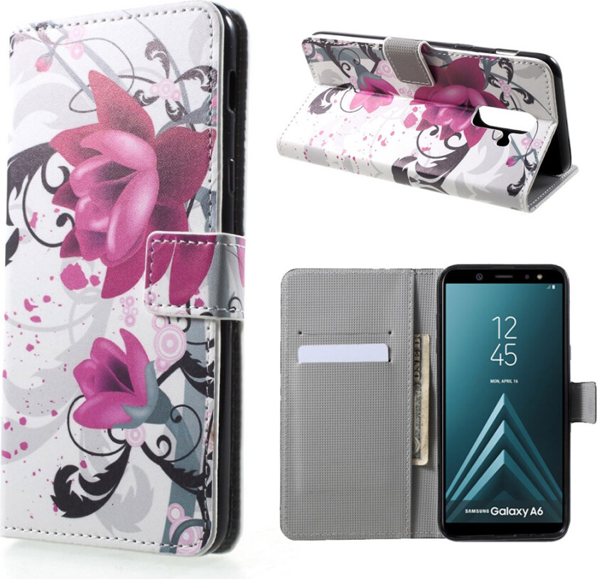 Galaxy A6 beskyttelses deksel av syntetisk skinn med printet bilde - lilla blomst