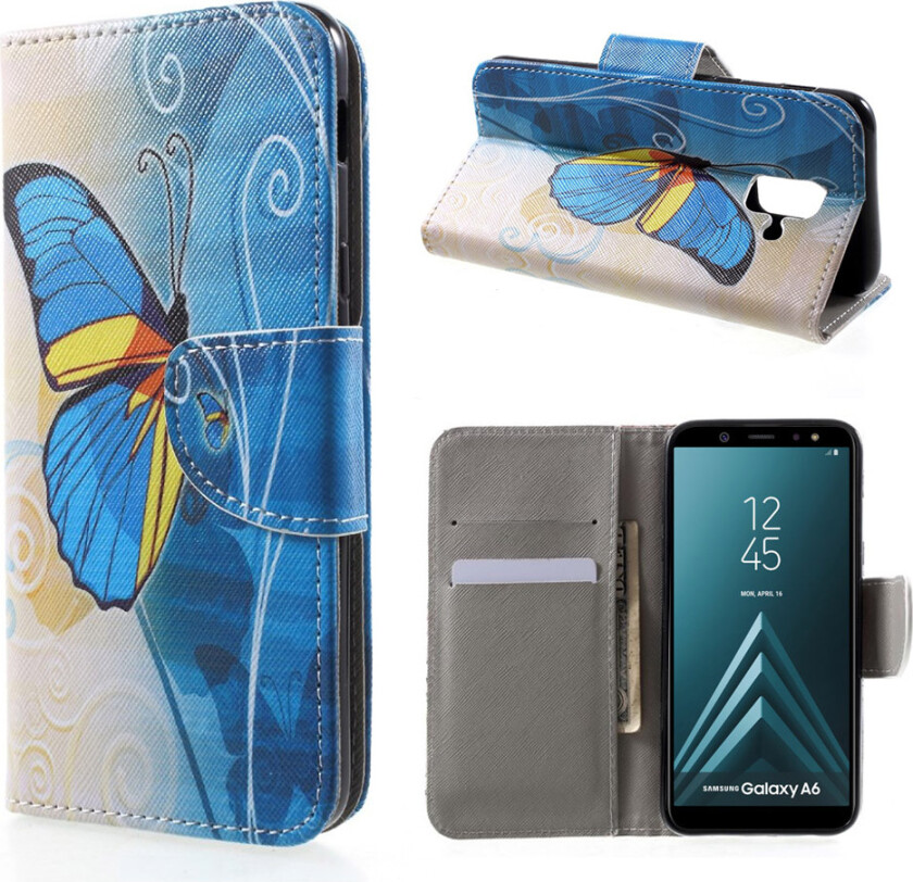 Galaxy A6 beskyttelses deksel av syntetisk skinn med printet bilde - blå sommerfugl