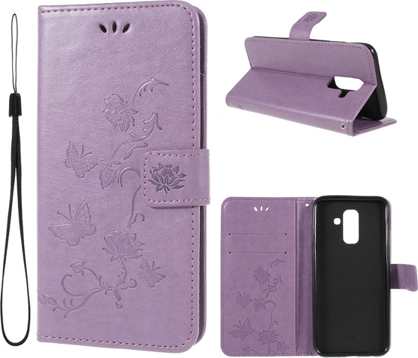 Galaxy A6 beskyttelses deksel i syntetisk skinn med sommerfugl avtrykk - lyse lilla