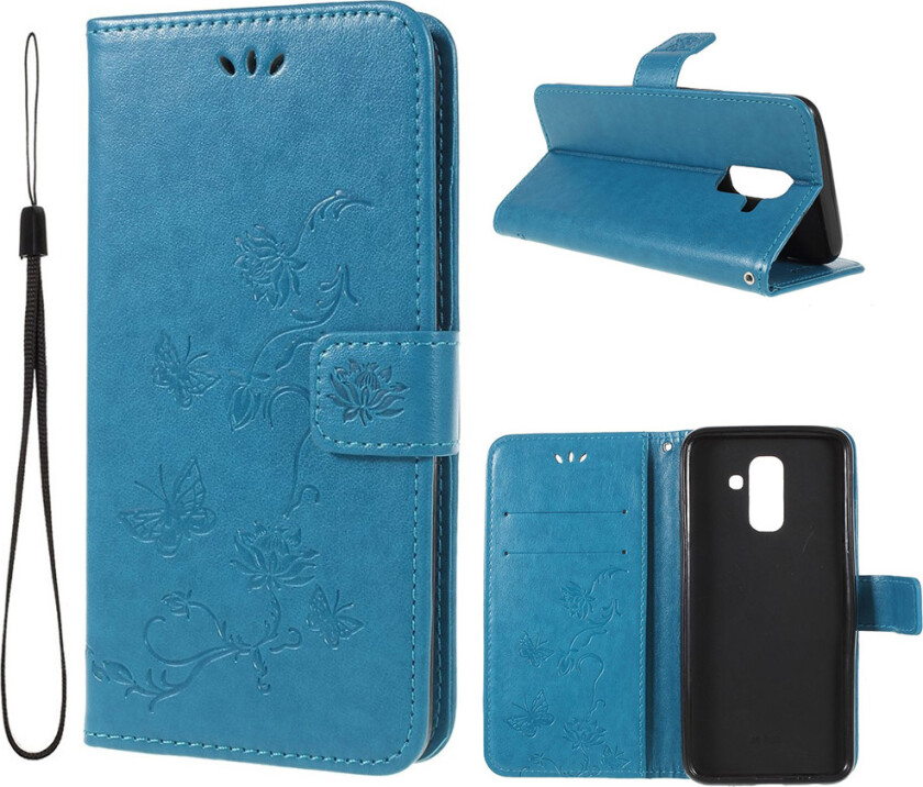 Galaxy A6 beskyttelses deksel i syntetisk skinn med sommerfugl avtrykk - blå