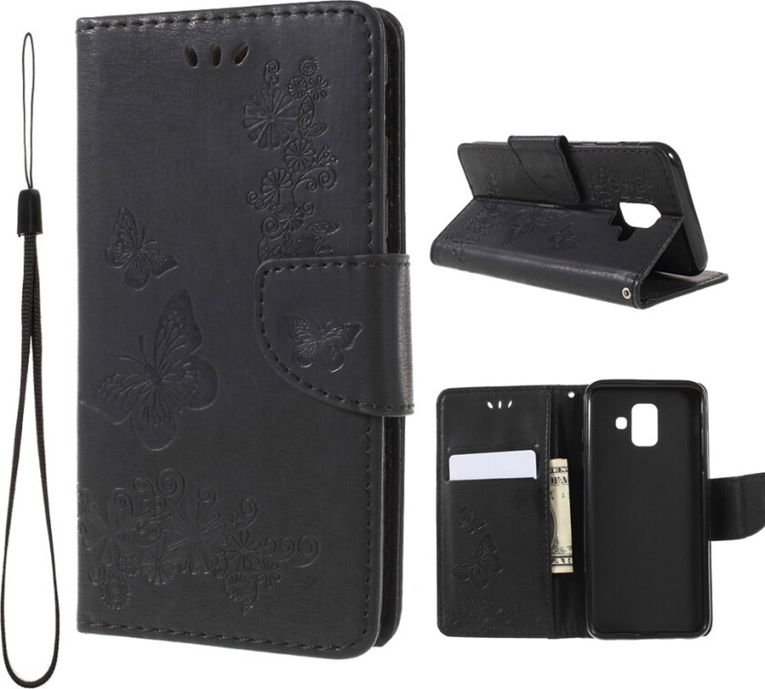 Galaxy A6 beskyttelses deksel i syntetisk skinn med sommerfugl avtrykk - svart