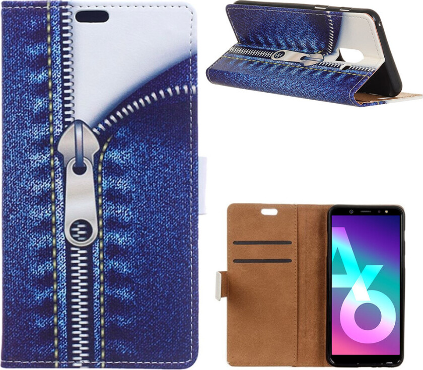 Galaxy A6 beskyttelses deksel i syntetisk skinn med printet bilde - Jeans metall glidelås