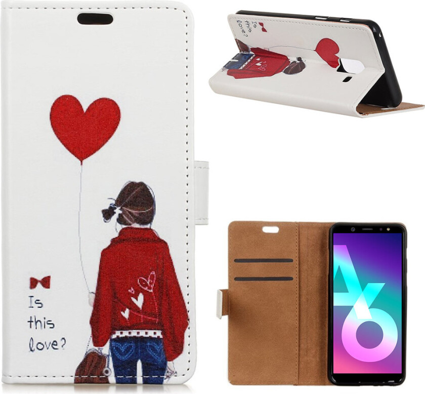 Galaxy A6 beskyttelses deksel i syntetisk skinn med printet bilde - jenter holder hjerte ballong