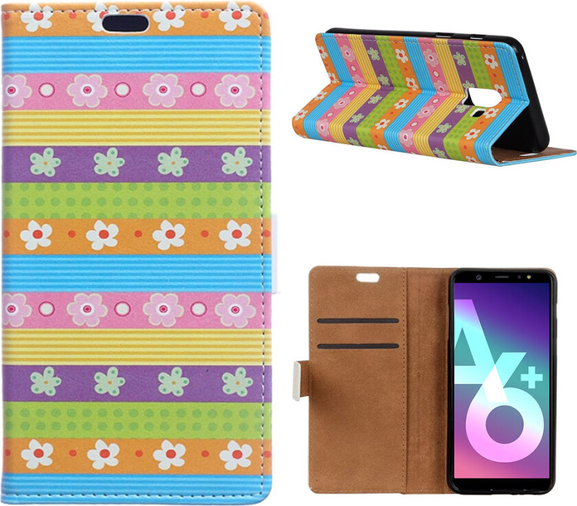 Galaxy A6 Plus beskyttelses deksel med printet bilde i syntetisk skin - Fargerike striper med blomster