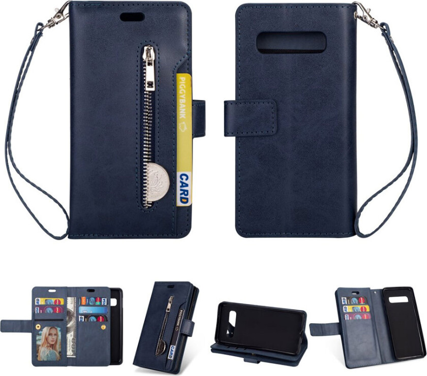 Galaxy s10 Plus Skinnetui Med Deksel Og Stropp - Blå