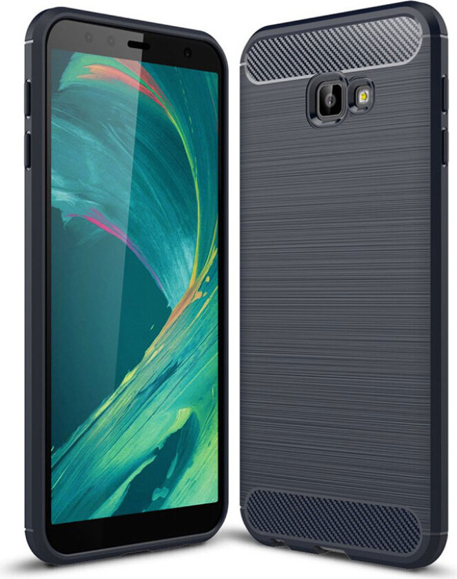 Galaxy J4 Plus beskyttelses deksel av TPU med børstet karbon fiber tekstur - mørke blå