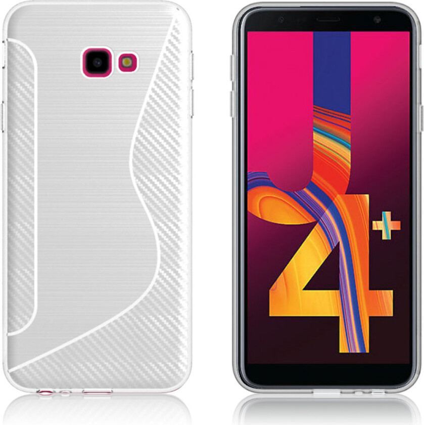 Galaxy J4 Plus beskyttelses deksel av TPU med karbon fiber og børstet tekstur i S form - hvit