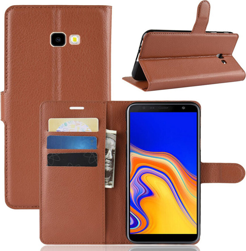 Galaxy J4 Plus beskyttelses deksel av syntetisk skinn med litchi tekstur - brun