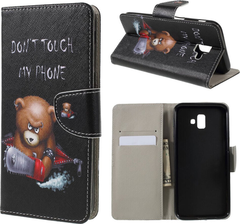 Galaxy J6 Plus beskyttelses deksel av syntetisk skinn med printet mønster og kryss tekstur - sint bjørn